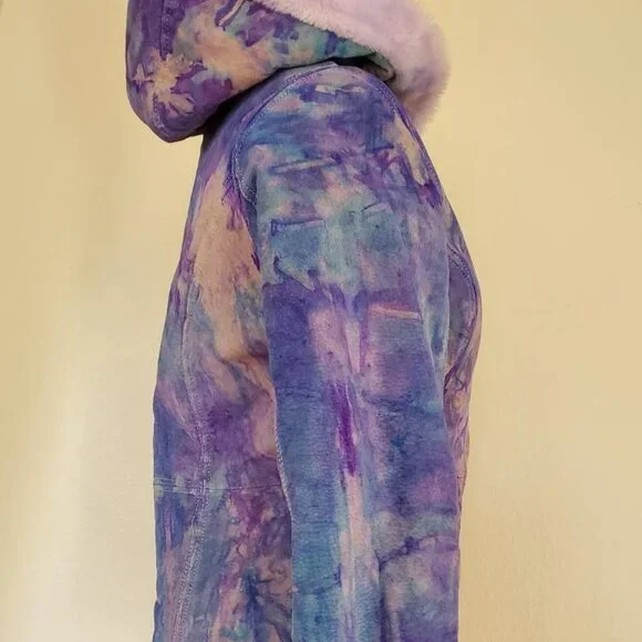 Suede leather tie dye jacket shearling boho Coat gray white pink purple blue med